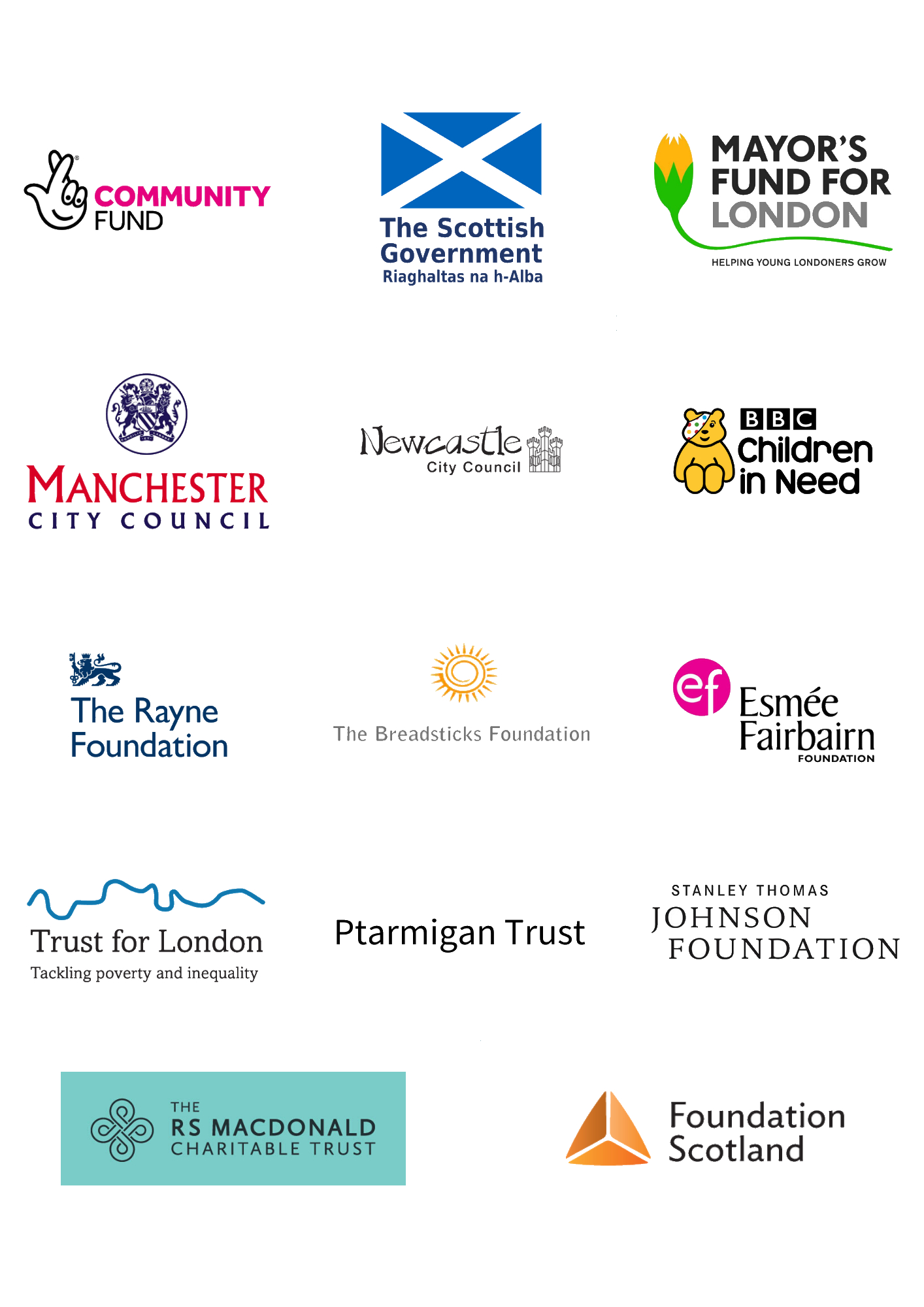 Various logos of trusts, foundations and institutional donors supporting Freedom from Torture